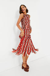 Red Drew Macrame Knit Skirt with Fringe